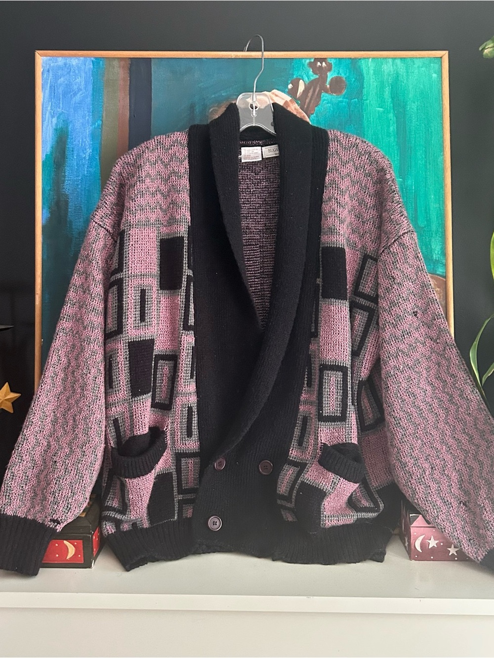 Vintage Bugatchi Uomo Pink Geometric Grandpa Cardigan Size M